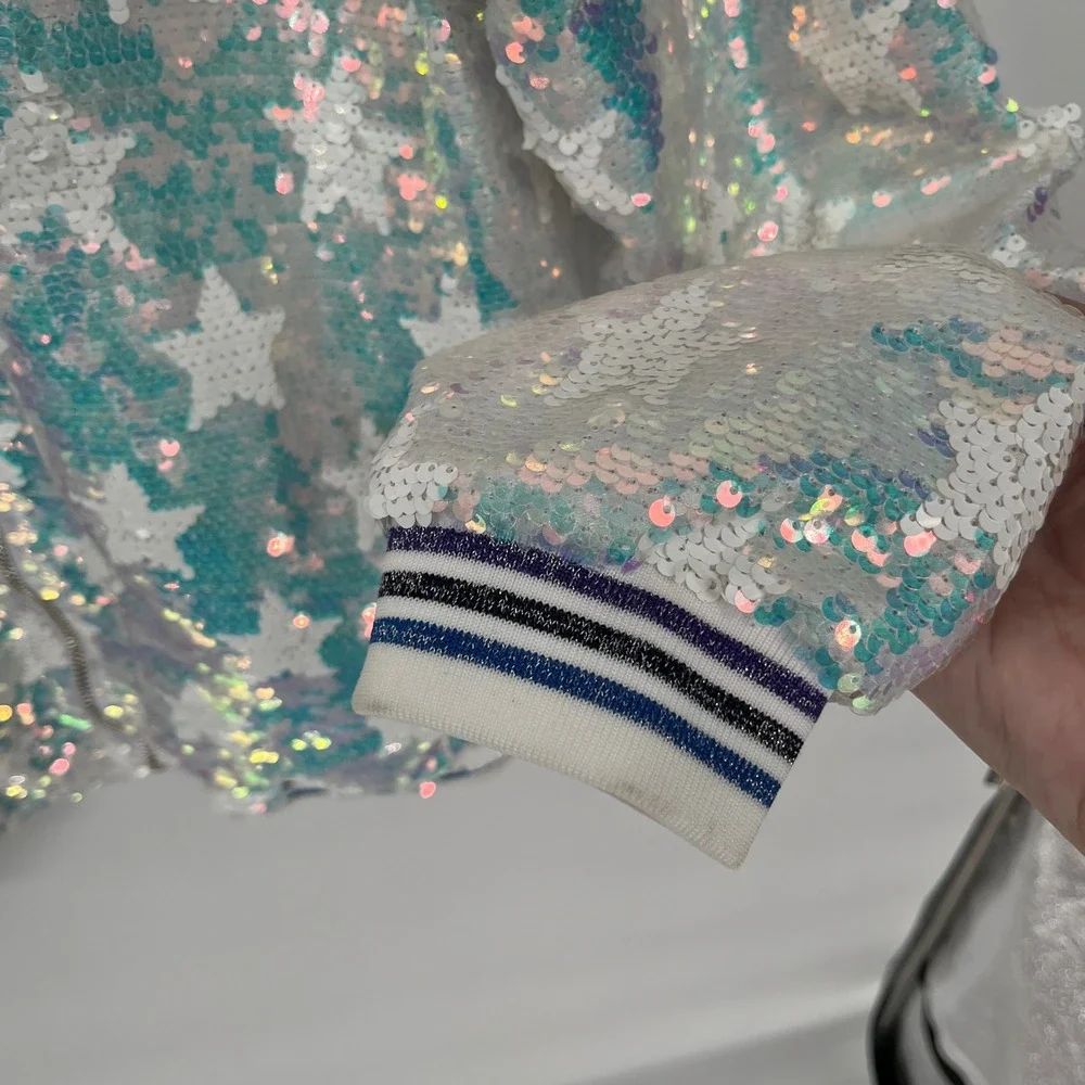 Lola + the Boys Sequins Star Bomber Jacket Kids Large White Iridescent Shimmer